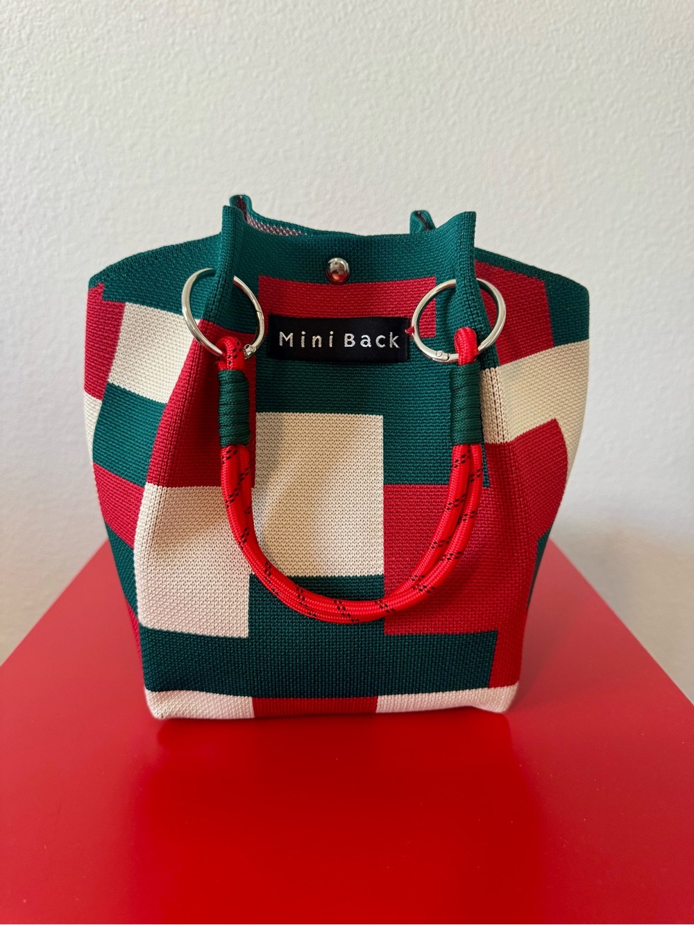 New Red & Green Geometric Mini Knit Tote Bag